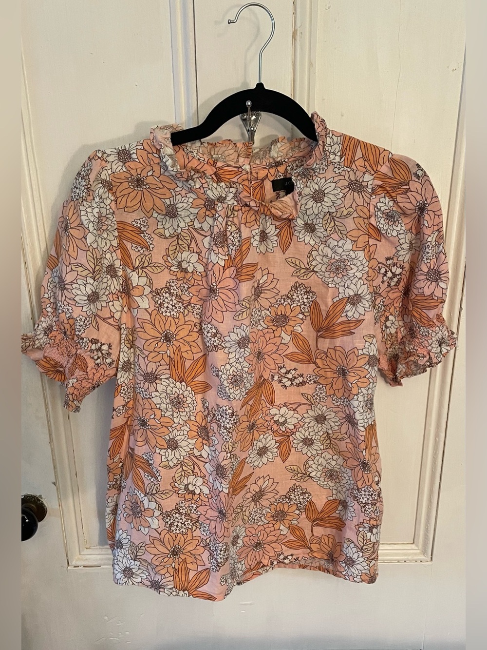 J Crew Smocked Puff-sleeve 100% Linen Top in Zinnia Floral Women's Small